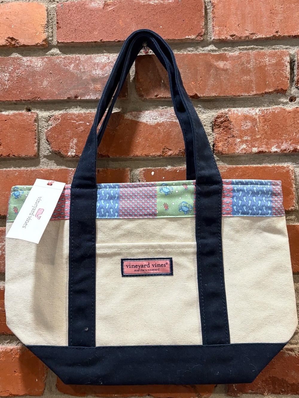 NWT Vineyard Vines Patchwork Mini Canvas Zip Boat Tote Bag Navy Gingham
